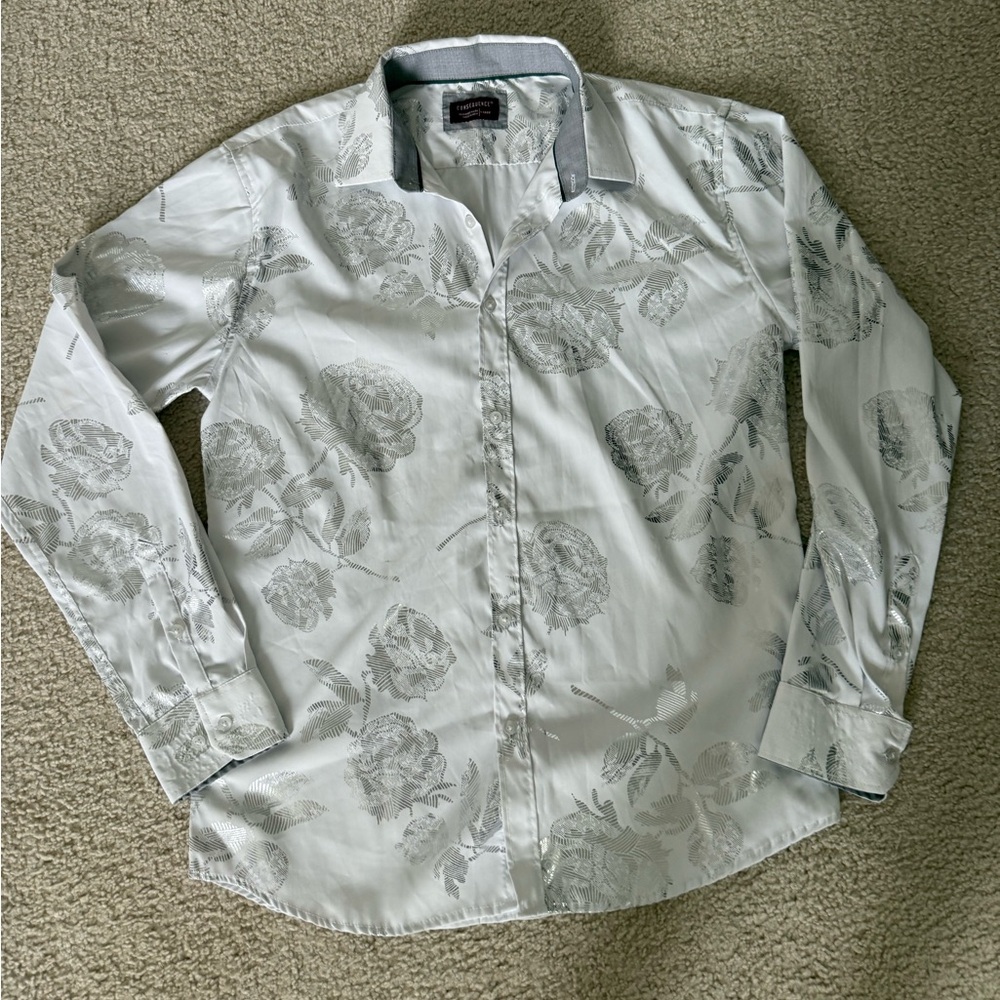 Men's White and Silver Floral Button-Down Shirt
